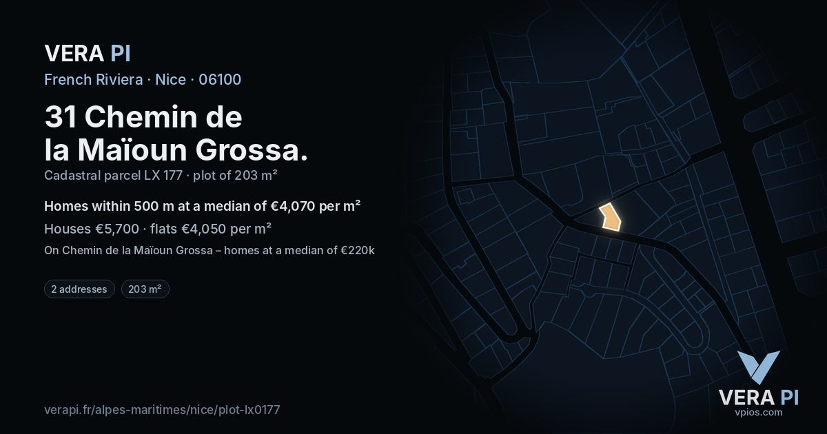 31 Chemin de la Maïoun Grossa, Nice at night – the plot lit, the parcels around coloured by the prices near them