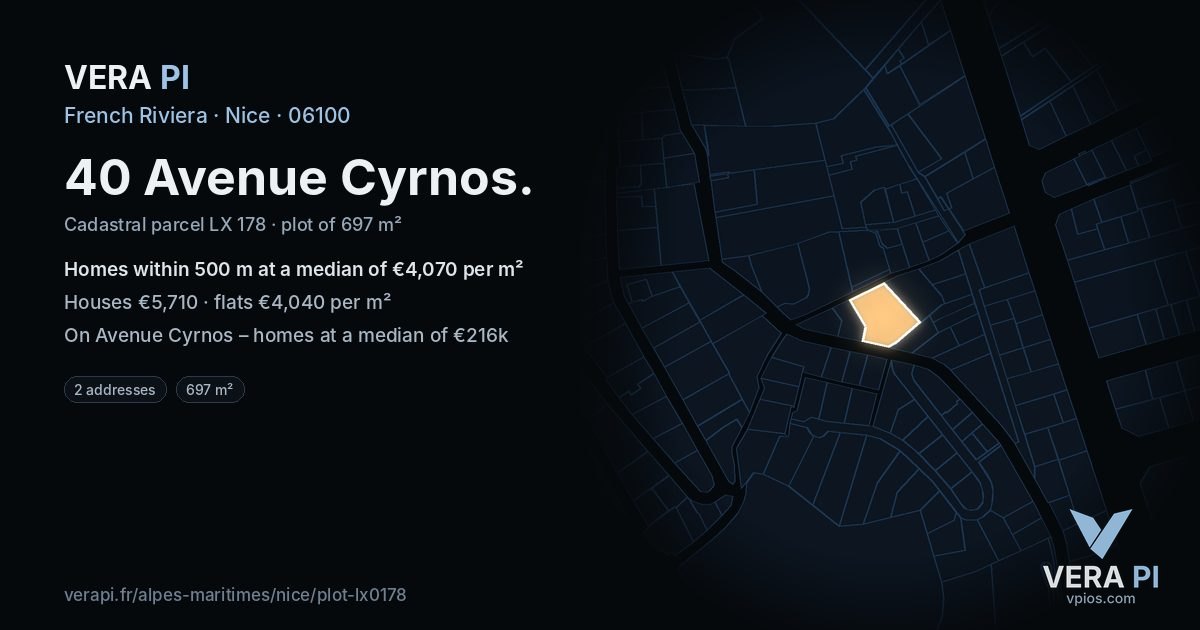 40 Avenue Cyrnos, Nice at night – the plot lit, the parcels around coloured by the prices near them