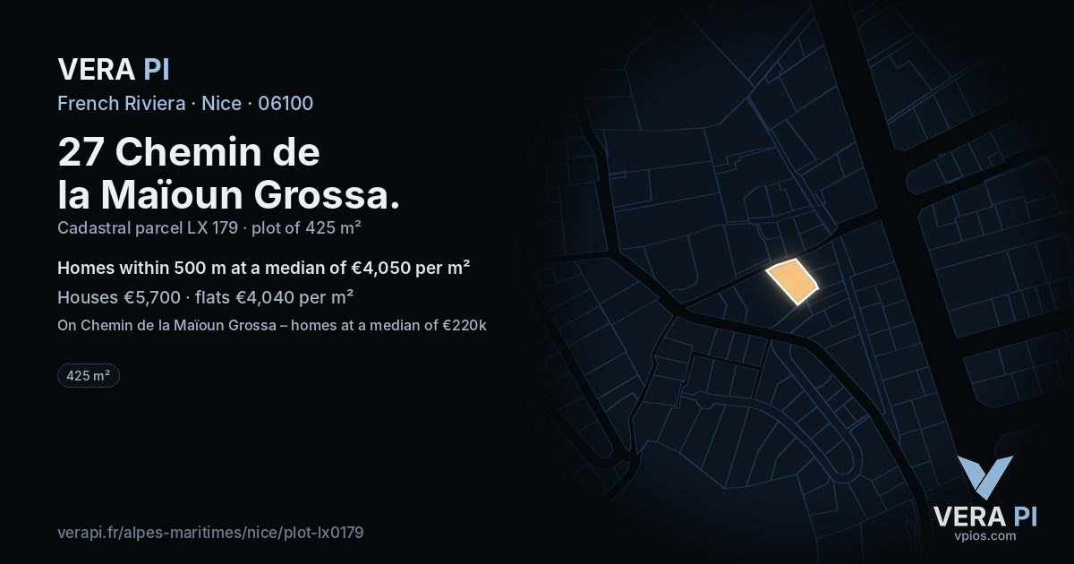 27 Chemin de la Maïoun Grossa, Nice at night – the plot lit, the parcels around coloured by the prices near them