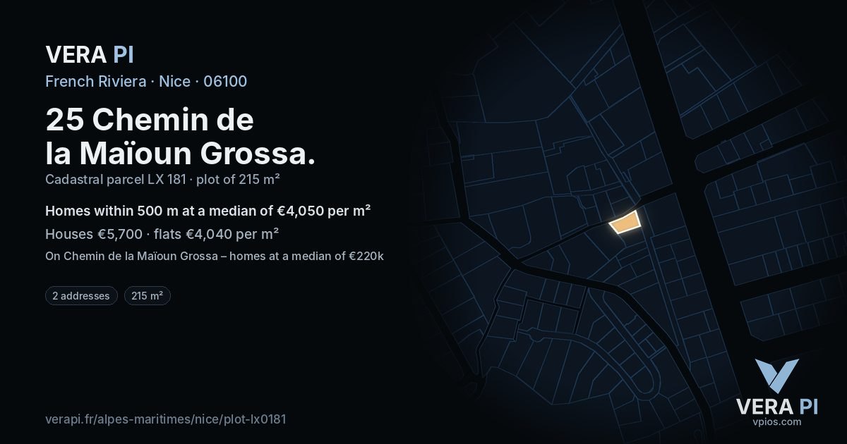 25 Chemin de la Maïoun Grossa, Nice at night – the plot lit, the parcels around coloured by the prices near them