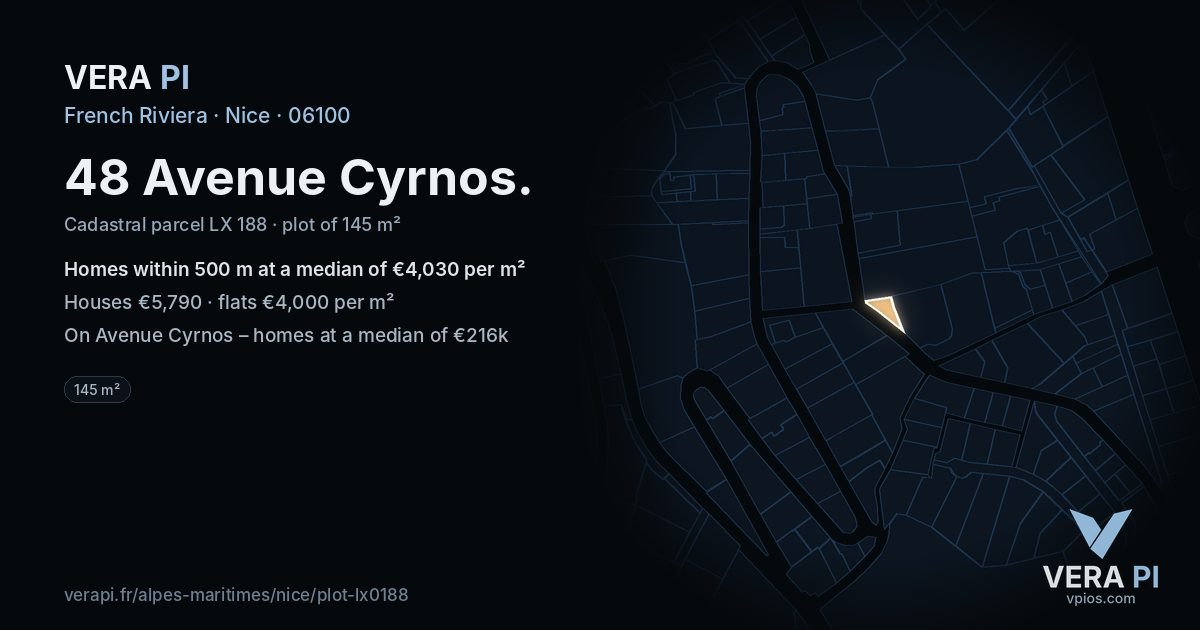 48 Avenue Cyrnos, Nice at night – the plot lit, the parcels around coloured by the prices near them