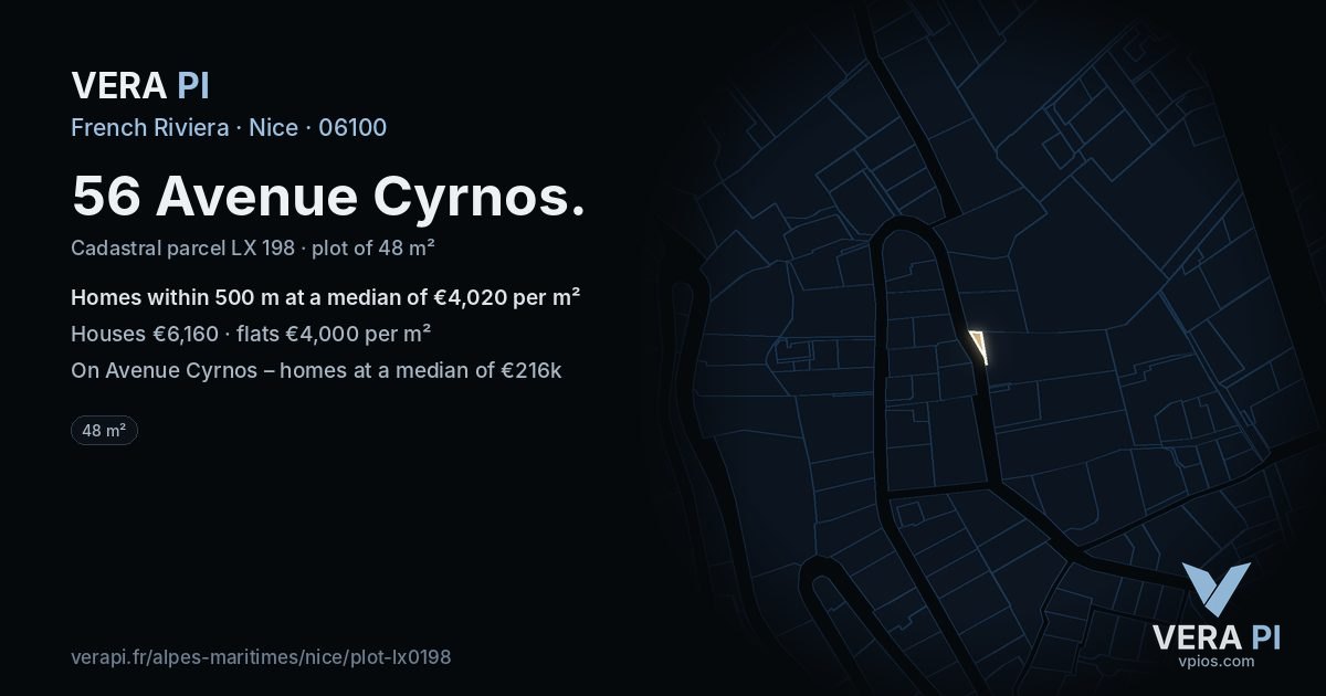 56 Avenue Cyrnos, Nice at night – the plot lit, the parcels around coloured by the prices near them