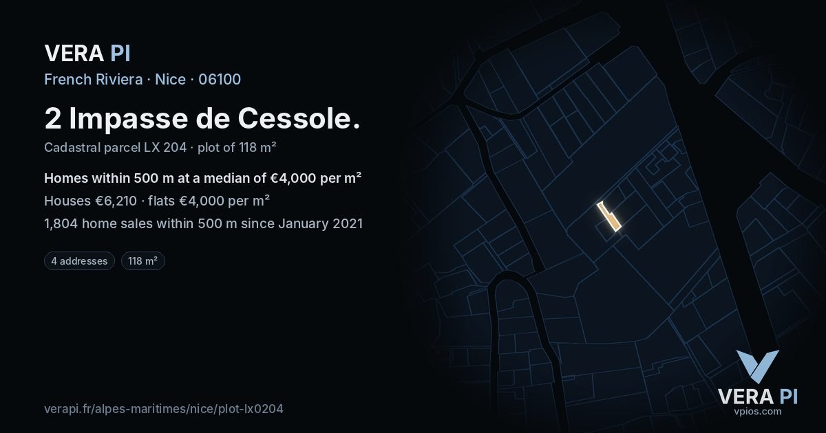 2 Impasse de Cessole, Nice at night – the plot lit, the parcels around coloured by the prices near them