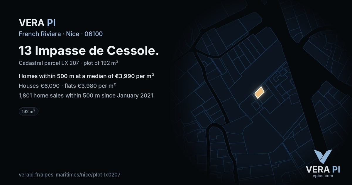 13 Impasse de Cessole, Nice at night – the plot lit, the parcels around coloured by the prices near them