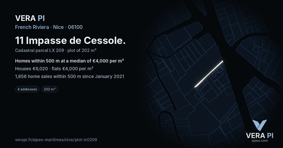 11 Impasse de Cessole, Nice at night – the plot lit, the parcels around coloured by the prices near them