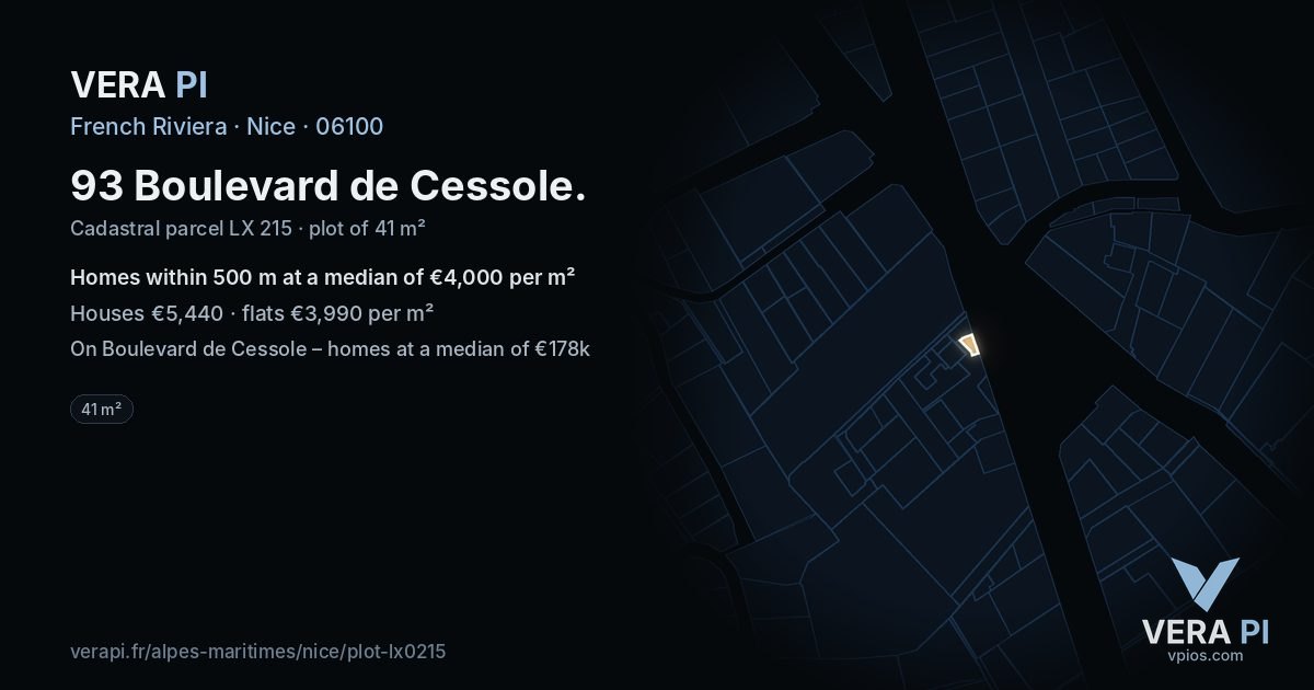 93 Boulevard de Cessole, Nice at night – the plot lit, the parcels around coloured by the prices near them