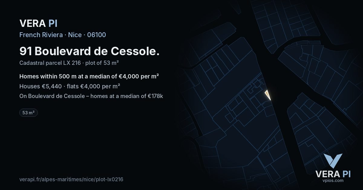 91 Boulevard de Cessole, Nice at night – the plot lit, the parcels around coloured by the prices near them