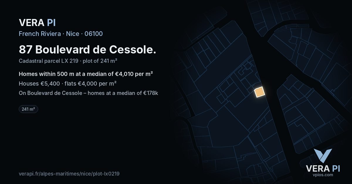 87 Boulevard de Cessole, Nice at night – the plot lit, the parcels around coloured by the prices near them