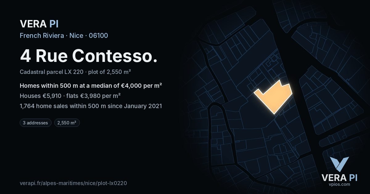 4 Rue Contesso, Nice at night – the plot lit, the parcels around coloured by the prices near them