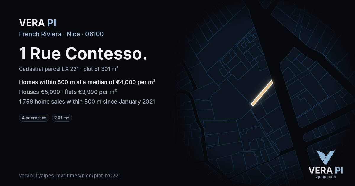 1 Rue Contesso, Nice at night – the plot lit, the parcels around coloured by the prices near them