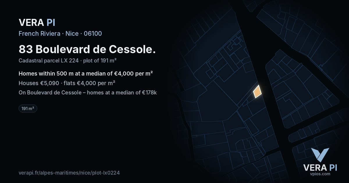 83 Boulevard de Cessole, Nice at night – the plot lit, the parcels around coloured by the prices near them