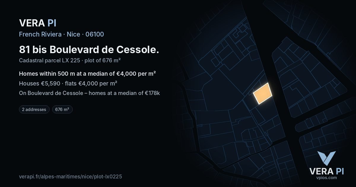 81 bis Boulevard de Cessole, Nice at night – the plot lit, the parcels around coloured by the prices near them