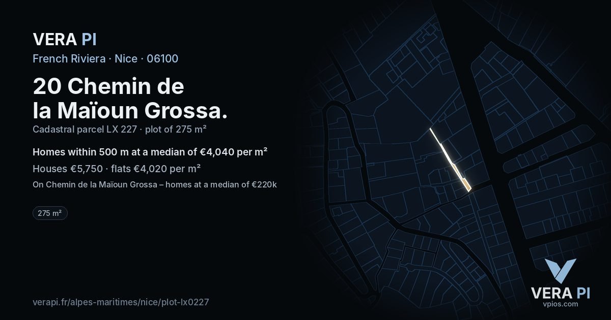 20 Chemin de la Maïoun Grossa, Nice at night – the plot lit, the parcels around coloured by the prices near them