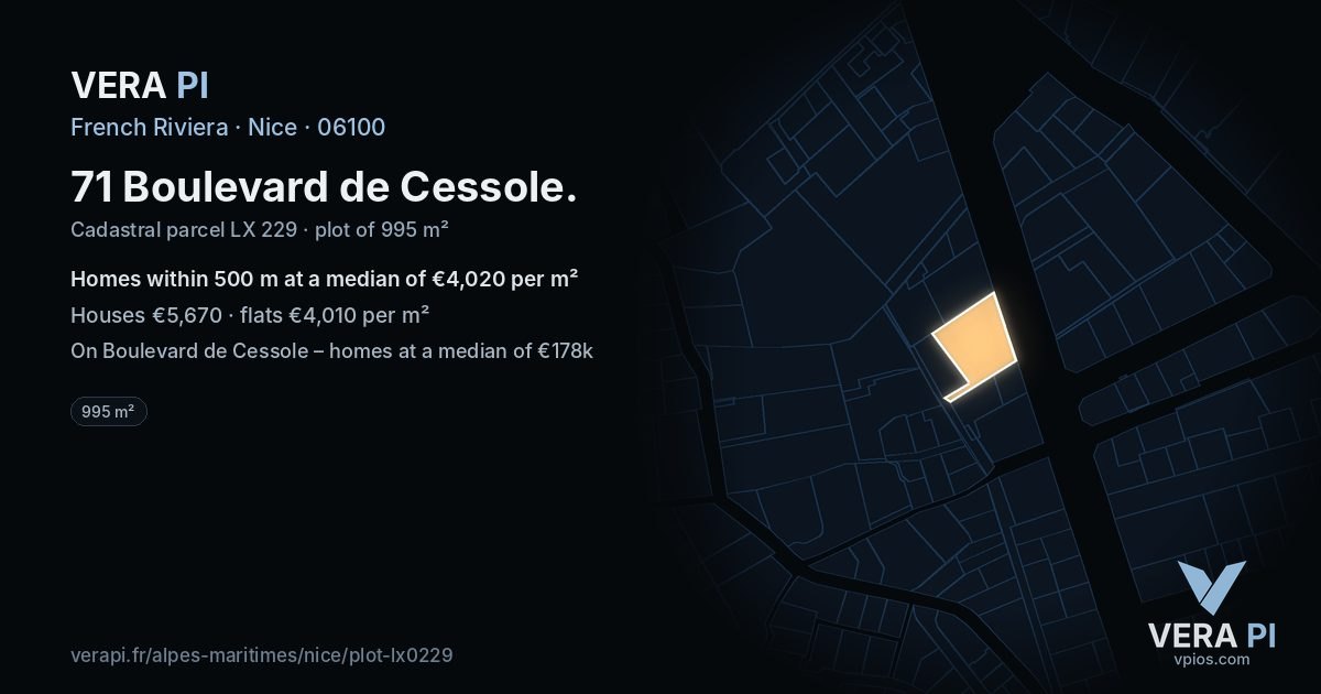 71 Boulevard de Cessole, Nice at night – the plot lit, the parcels around coloured by the prices near them