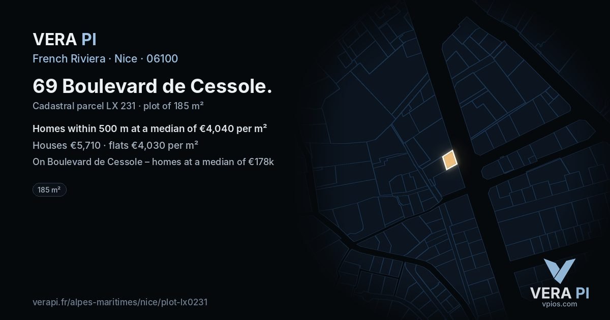 69 Boulevard de Cessole, Nice at night – the plot lit, the parcels around coloured by the prices near them