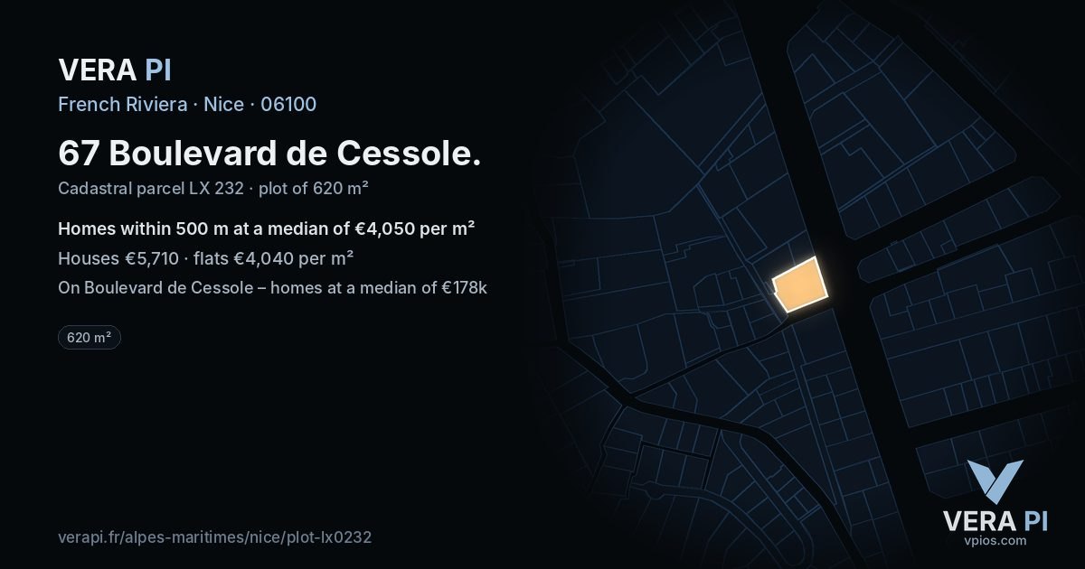 67 Boulevard de Cessole, Nice at night – the plot lit, the parcels around coloured by the prices near them
