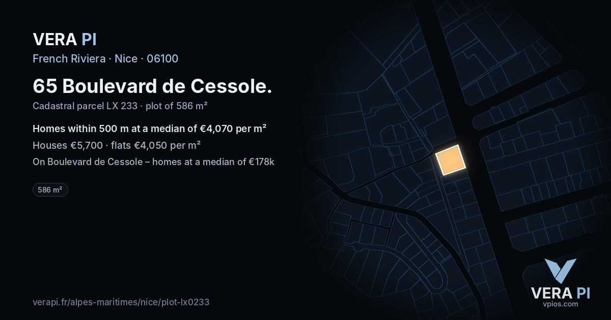 65 Boulevard de Cessole, Nice at night – the plot lit, the parcels around coloured by the prices near them