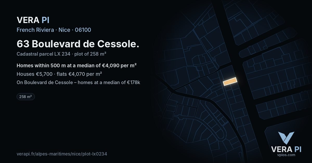 63 Boulevard de Cessole, Nice at night – the plot lit, the parcels around coloured by the prices near them