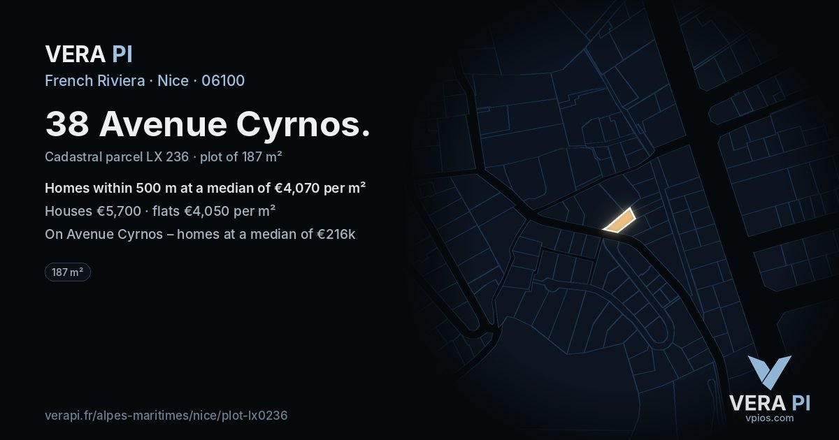 38 Avenue Cyrnos, Nice at night – the plot lit, the parcels around coloured by the prices near them