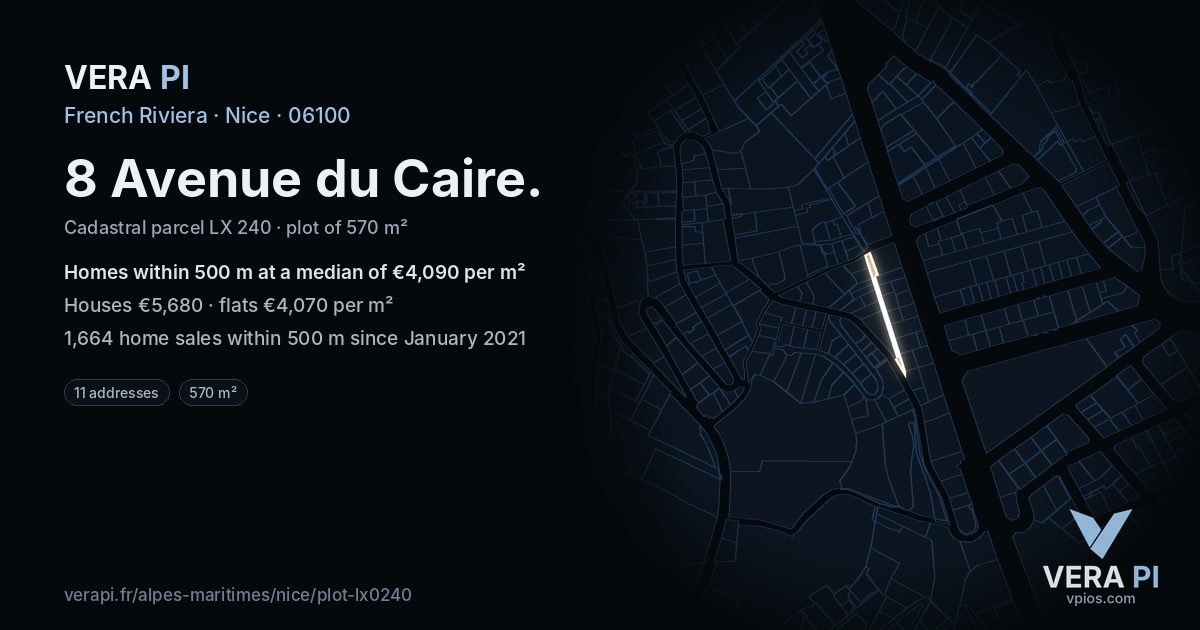 8 Avenue du Caire, Nice at night – the plot lit, the parcels around coloured by the prices near them