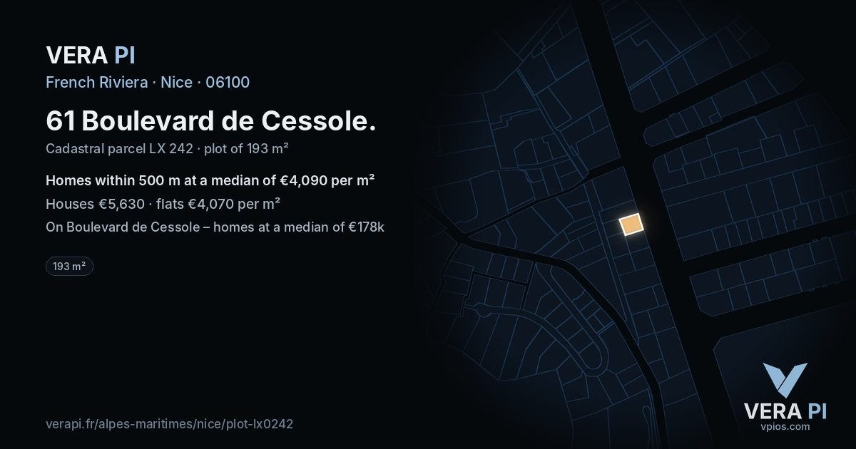 61 Boulevard de Cessole, Nice at night – the plot lit, the parcels around coloured by the prices near them