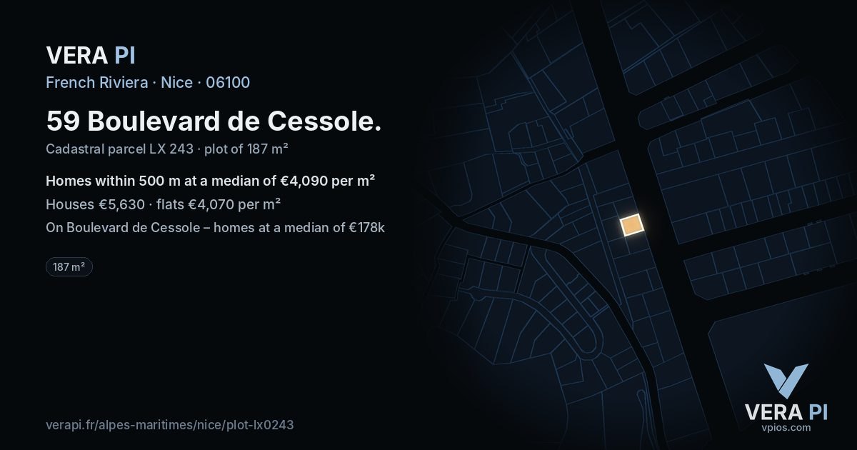 59 Boulevard de Cessole, Nice at night – the plot lit, the parcels around coloured by the prices near them