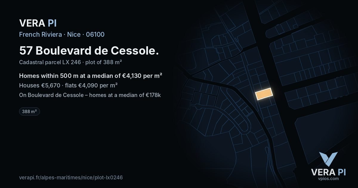 57 Boulevard de Cessole, Nice at night – the plot lit, the parcels around coloured by the prices near them