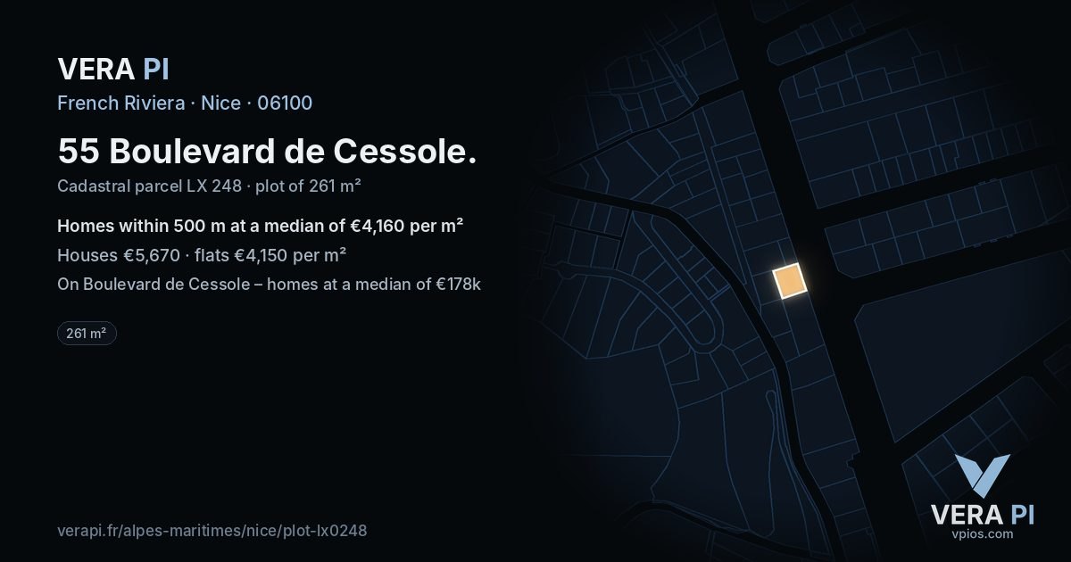 55 Boulevard de Cessole, Nice at night – the plot lit, the parcels around coloured by the prices near them