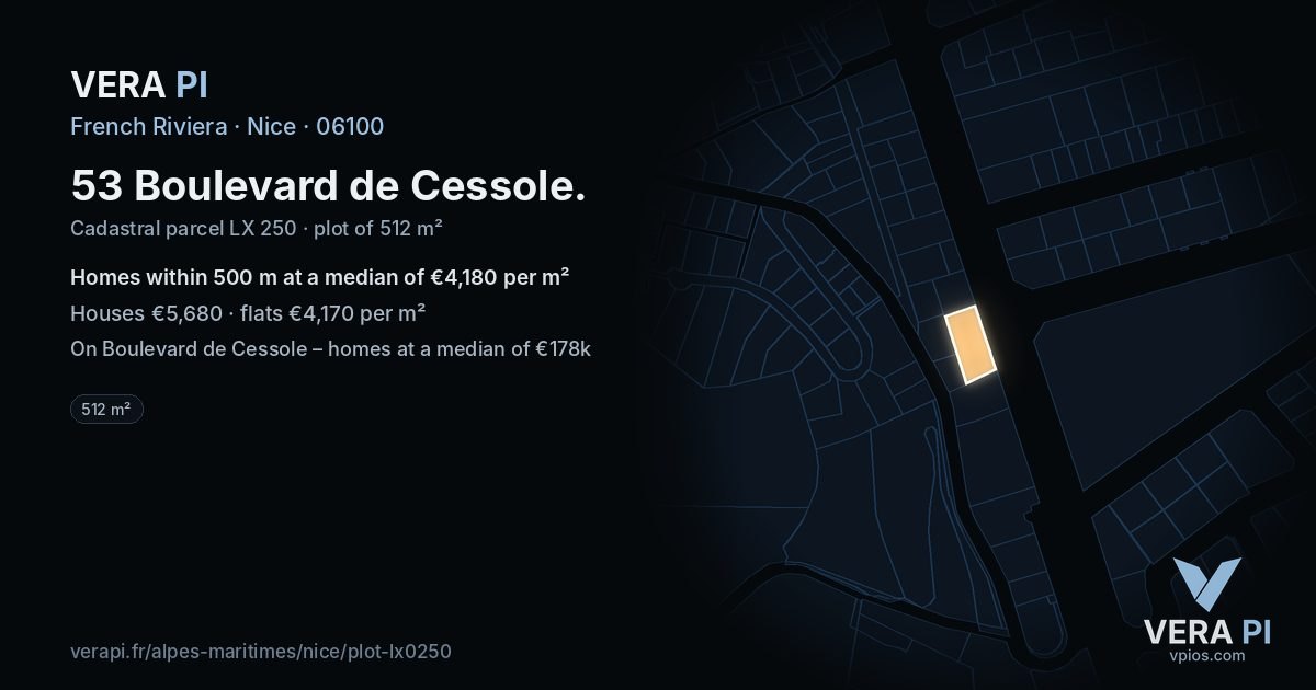 53 Boulevard de Cessole, Nice at night – the plot lit, the parcels around coloured by the prices near them