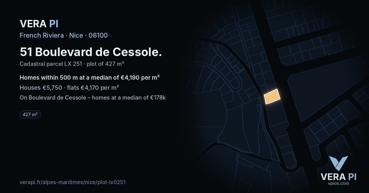 51 Boulevard de Cessole, Nice at night – the plot lit, the parcels around coloured by the prices near them