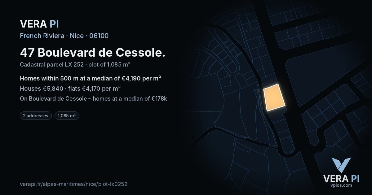 47 Boulevard de Cessole, Nice at night – the plot lit, the parcels around coloured by the prices near them