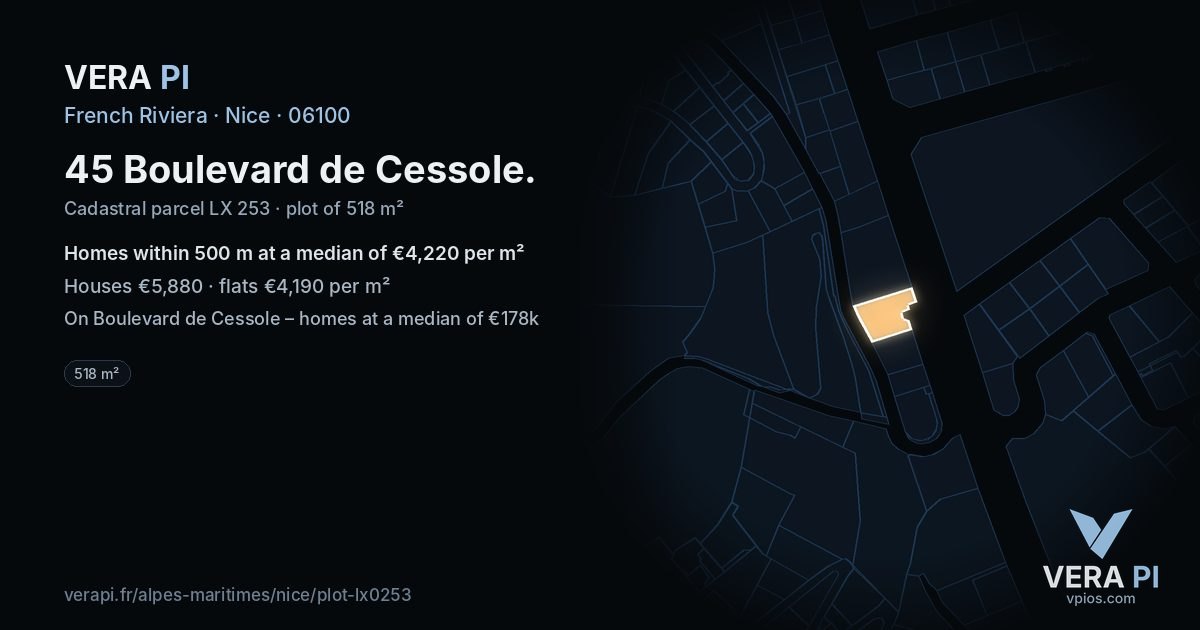 45 Boulevard de Cessole, Nice at night – the plot lit, the parcels around coloured by the prices near them