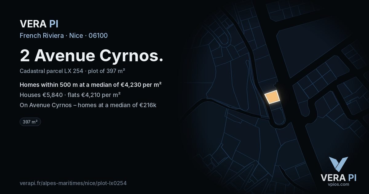 2 Avenue Cyrnos, Nice at night – the plot lit, the parcels around coloured by the prices near them