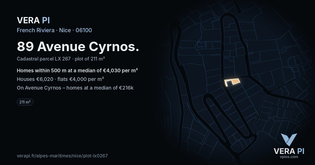 89 Avenue Cyrnos, Nice at night – the plot lit, the parcels around coloured by the prices near them