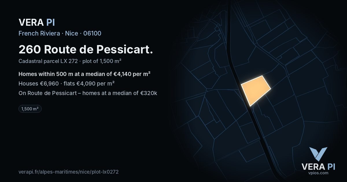 260 Route de Pessicart, Nice at night – the plot lit, the parcels around coloured by the prices near them