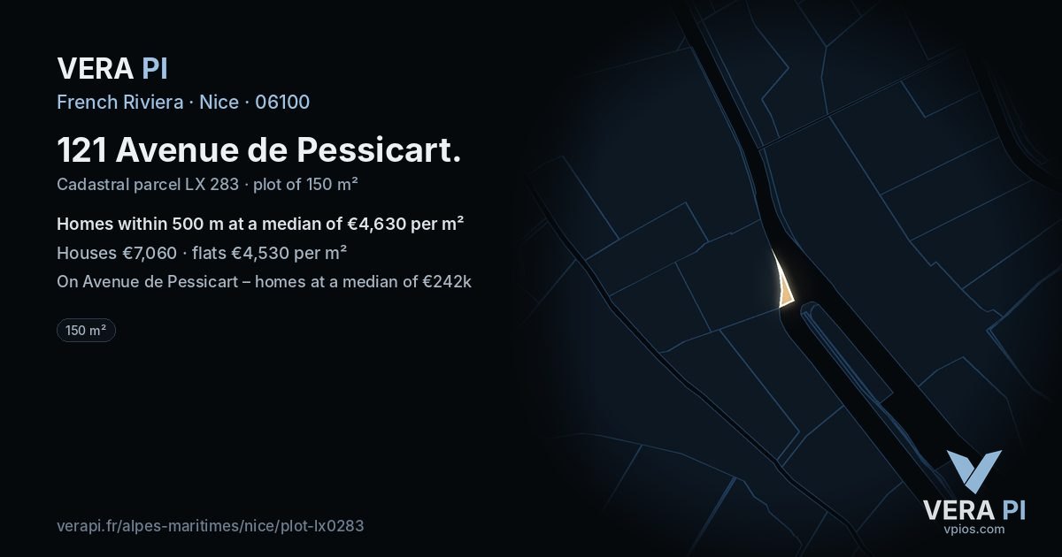 121 Avenue de Pessicart, Nice at night – the plot lit, the parcels around coloured by the prices near them
