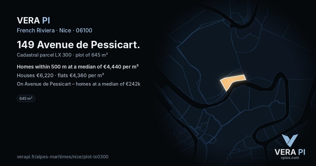 149 Avenue de Pessicart, Nice at night – the plot lit, the parcels around coloured by the prices near them