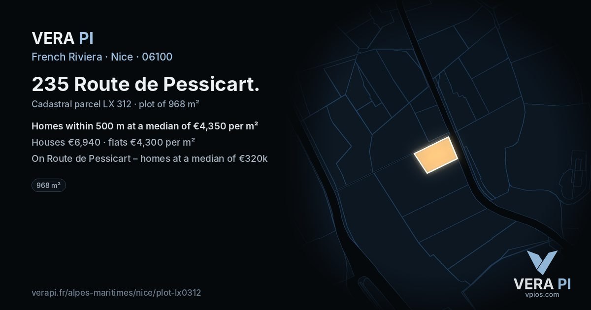 235 Route de Pessicart, Nice at night – the plot lit, the parcels around coloured by the prices near them