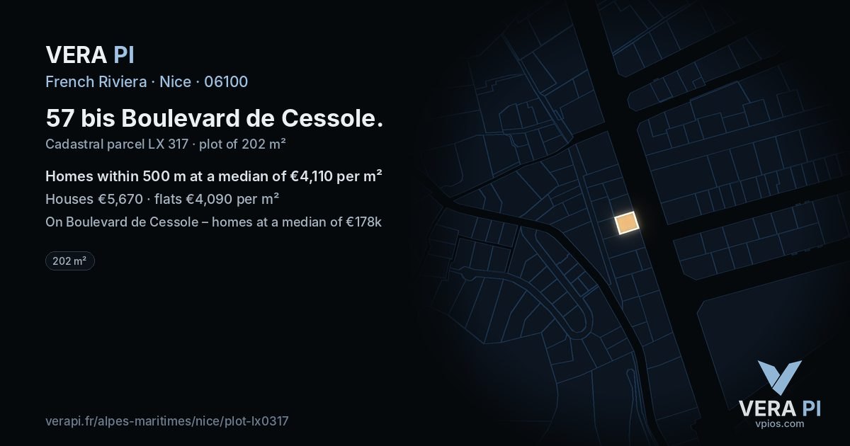57 bis Boulevard de Cessole, Nice at night – the plot lit, the parcels around coloured by the prices near them