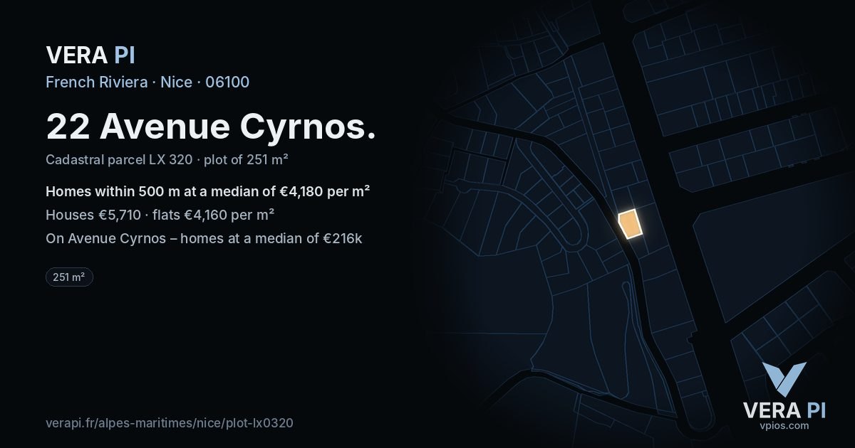 22 Avenue Cyrnos, Nice at night – the plot lit, the parcels around coloured by the prices near them