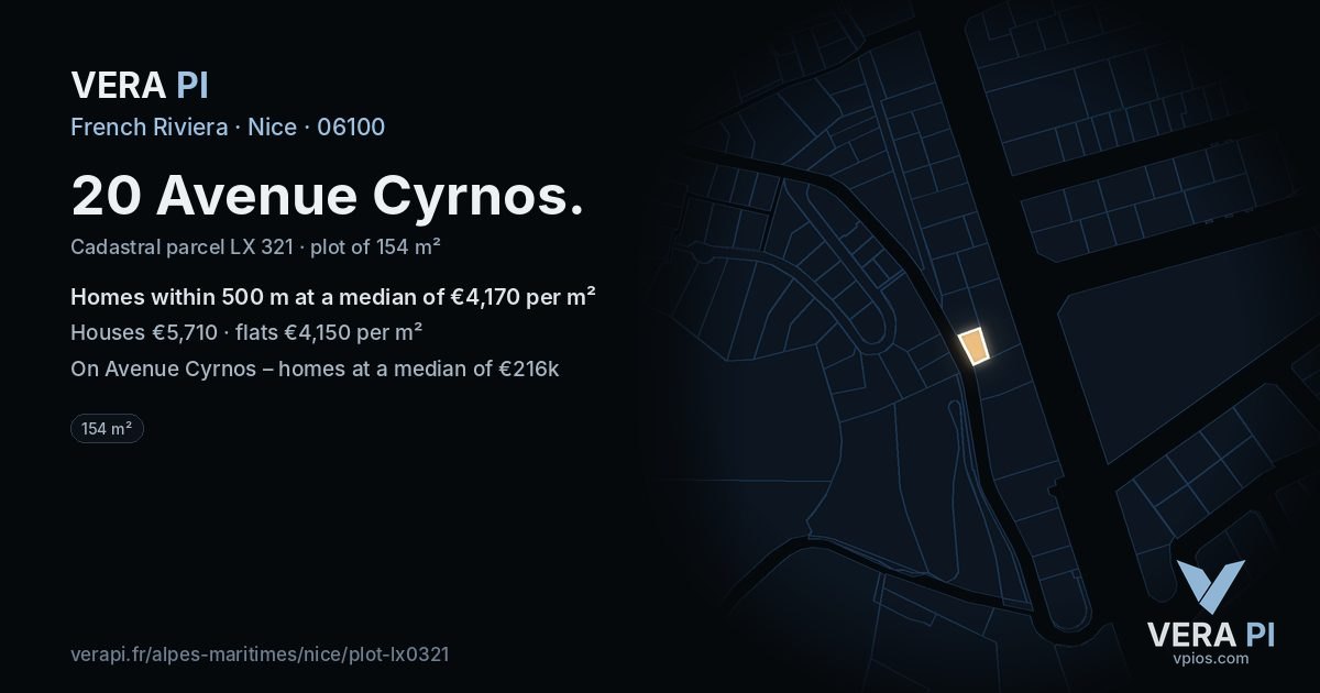 20 Avenue Cyrnos, Nice at night – the plot lit, the parcels around coloured by the prices near them