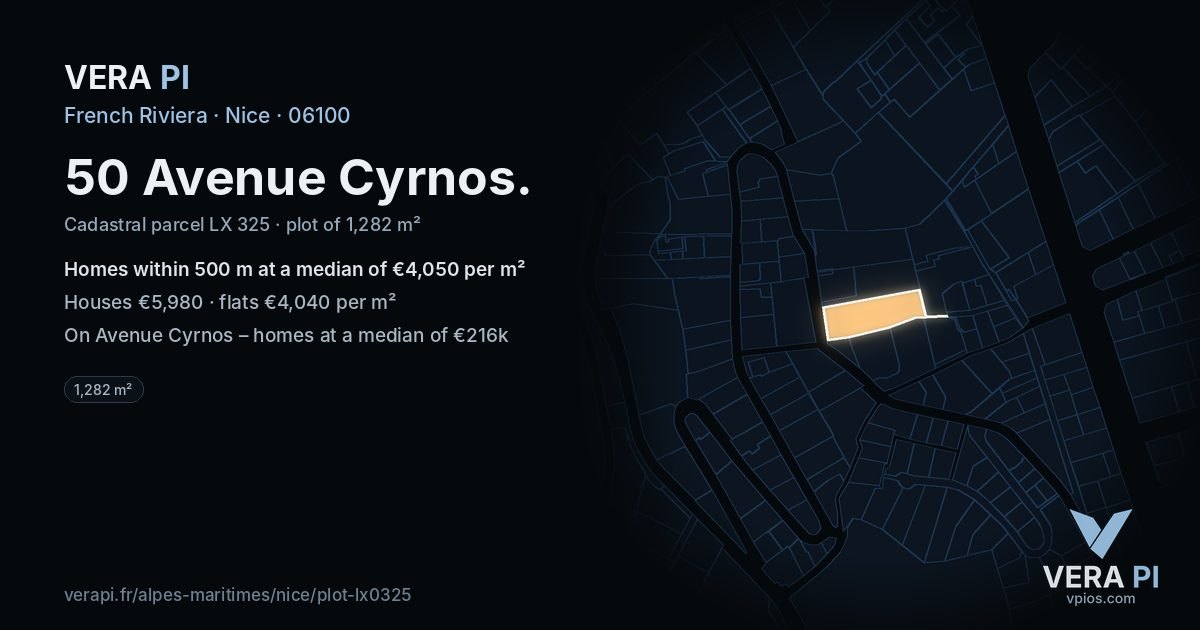 50 Avenue Cyrnos, Nice at night – the plot lit, the parcels around coloured by the prices near them