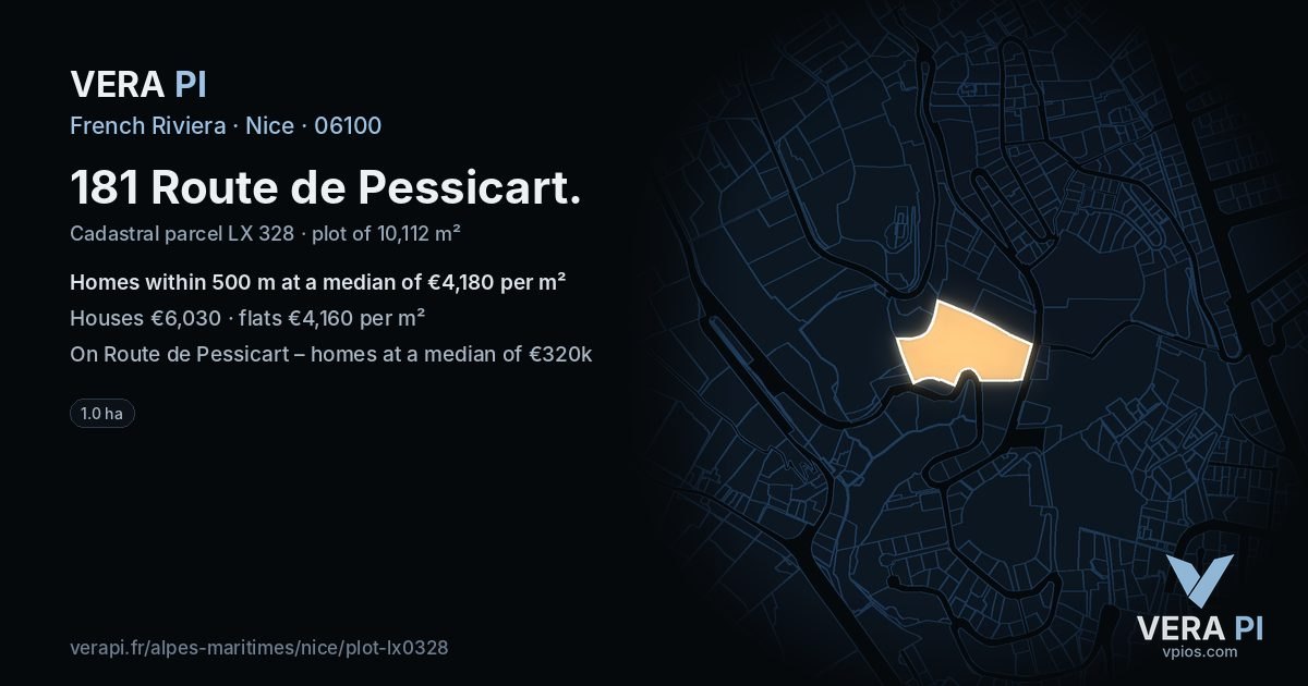 181 Route de Pessicart, Nice at night – the plot lit, the parcels around coloured by the prices near them