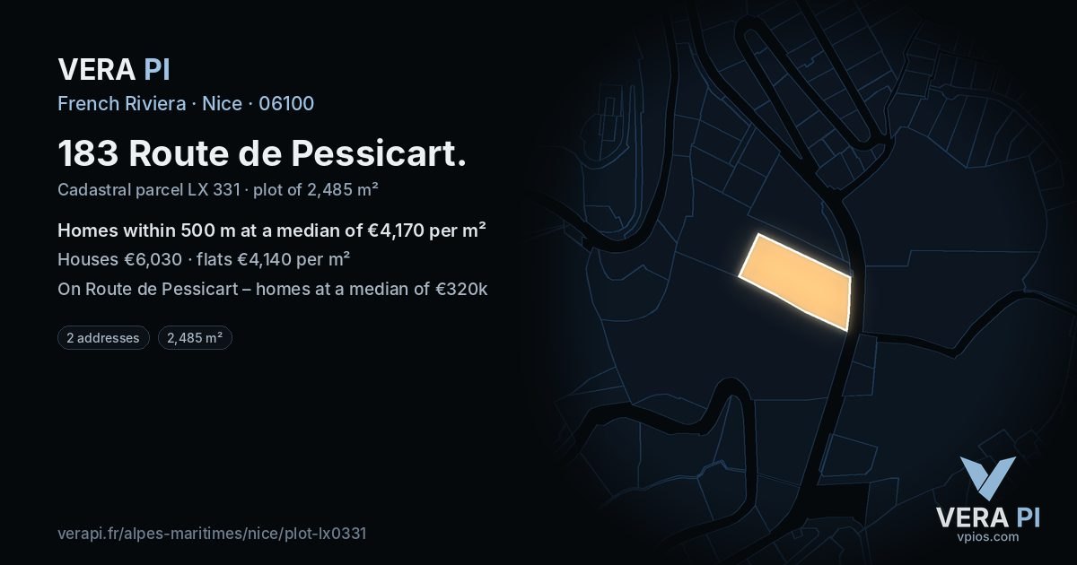 183 Route de Pessicart, Nice at night – the plot lit, the parcels around coloured by the prices near them