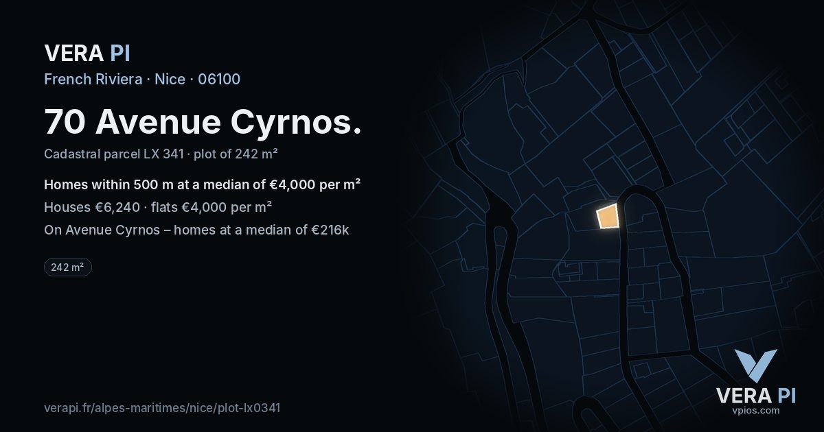70 Avenue Cyrnos, Nice at night – the plot lit, the parcels around coloured by the prices near them