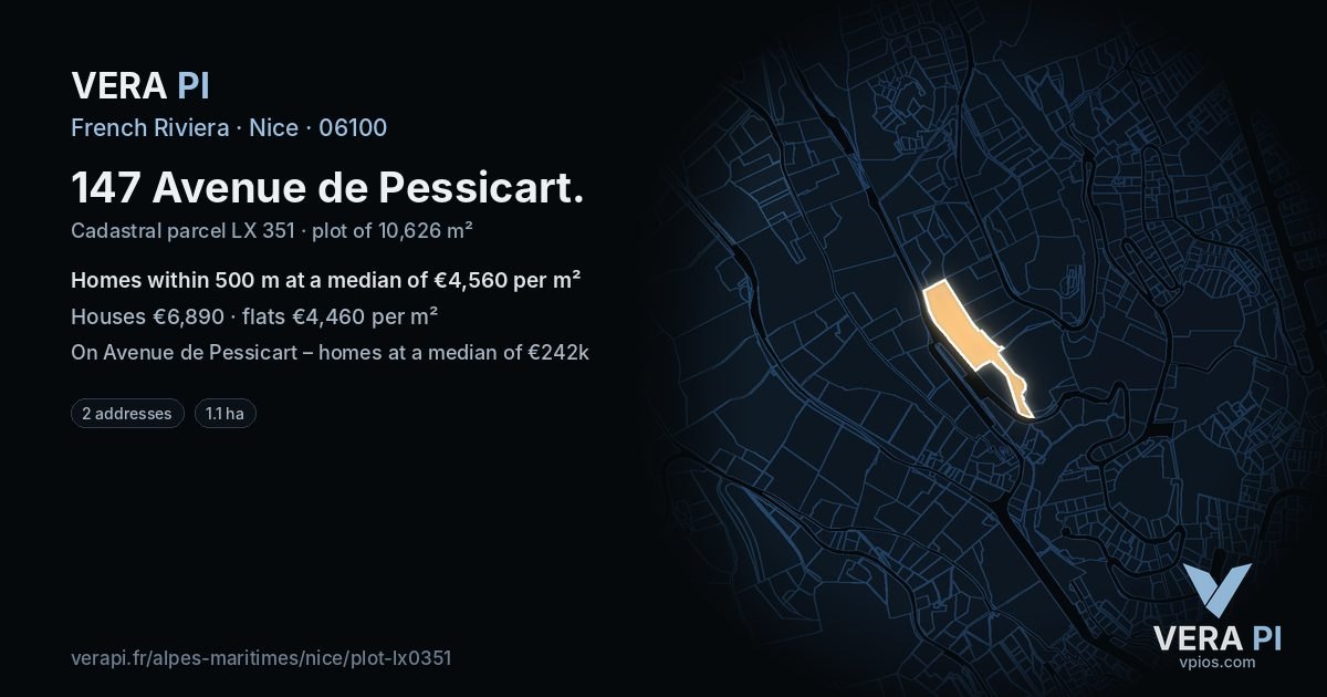 147 Avenue de Pessicart, Nice at night – the plot lit, the parcels around coloured by the prices near them