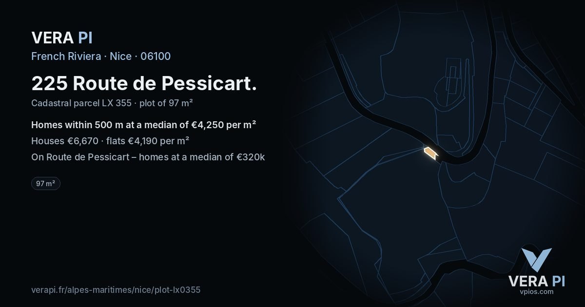 225 Route de Pessicart, Nice at night – the plot lit, the parcels around coloured by the prices near them