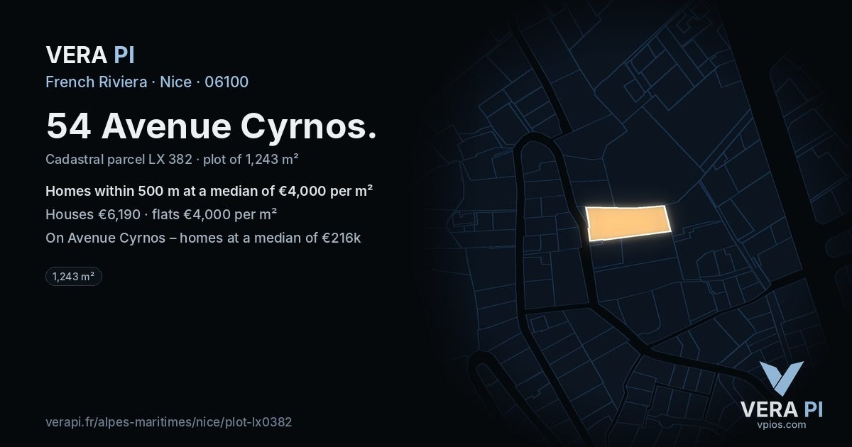 54 Avenue Cyrnos, Nice at night – the plot lit, the parcels around coloured by the prices near them