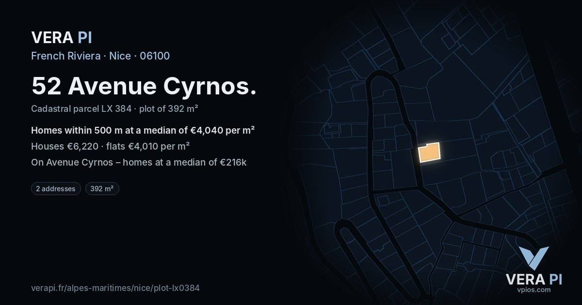 52 Avenue Cyrnos, Nice at night – the plot lit, the parcels around coloured by the prices near them