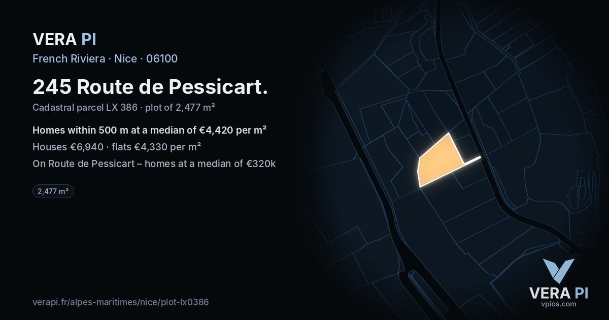 245 Route de Pessicart, Nice at night – the plot lit, the parcels around coloured by the prices near them